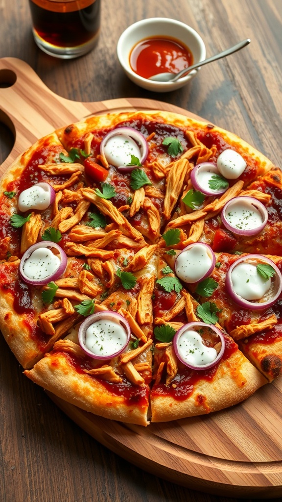 BBQ chicken pizza with shredded chicken, mozzarella, and red onion on a wooden board.